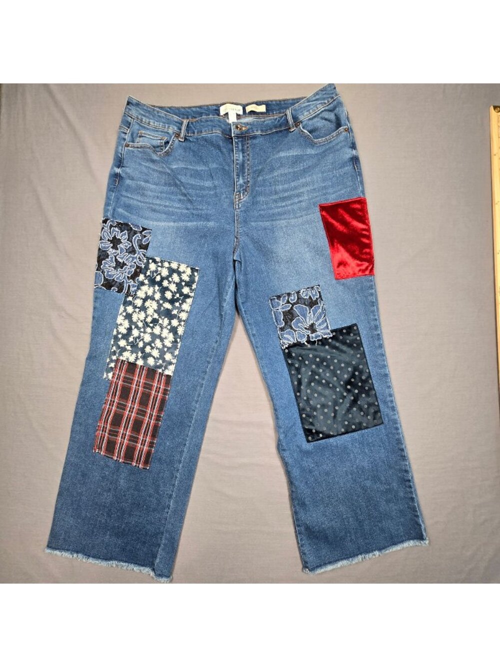 LOGO Lori Goldstein  Womens 18W Wide Leg Denim Patchwork Jeans Blue
